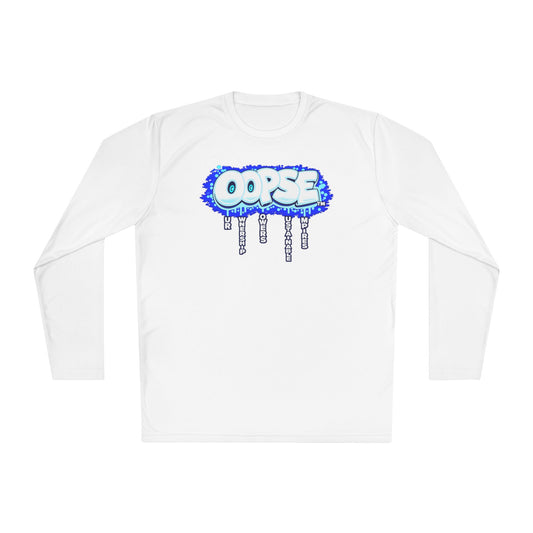 "OOPSE" Urban Drip Graphic Long Sleeve Tee – Retro Streetwear Ice Blue Design